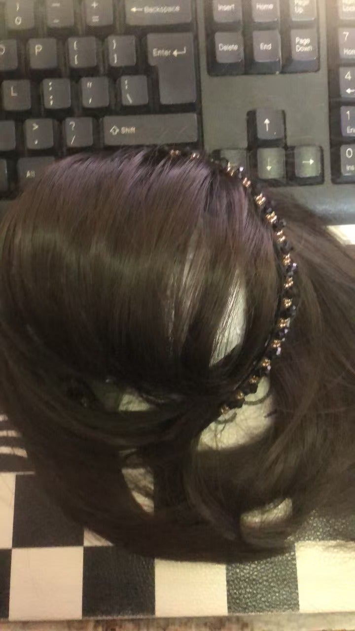 Rhinestone headband with integrated simulated hair, airy bangs, natural and invisible, covers gray hair, wig bangs